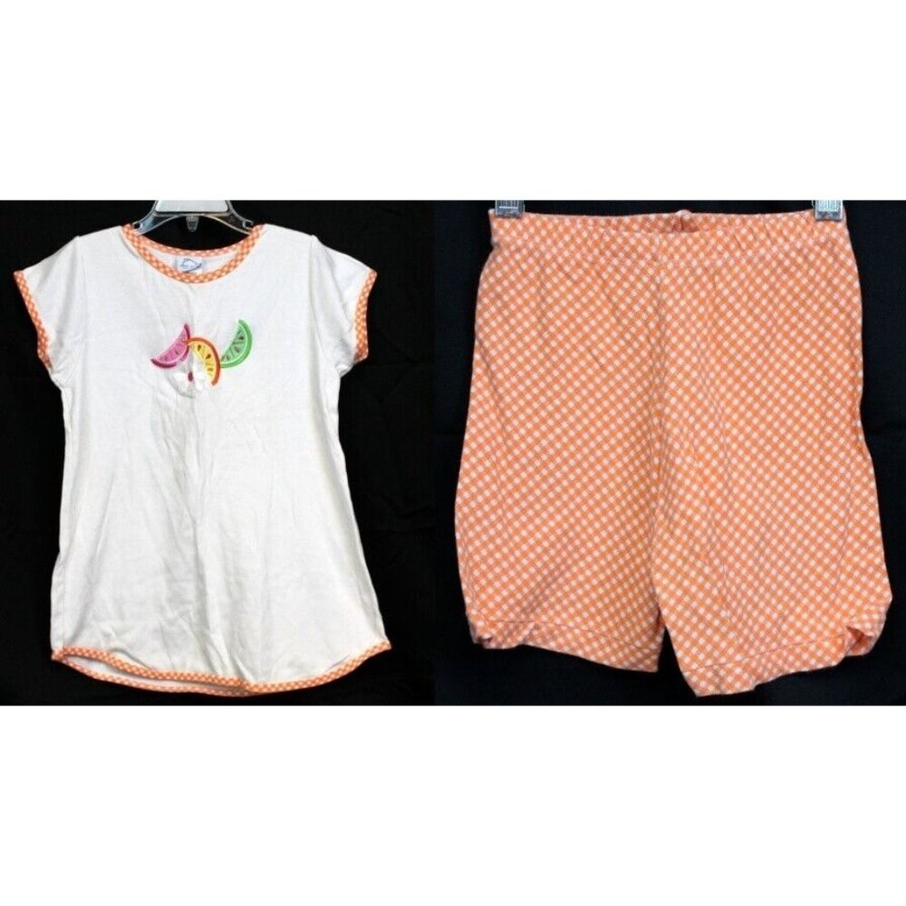 Chez Ami 2pc Outfit Shorts Shirt Sm 4-5 Orange Gingham Citrus Daisy Flower Summe